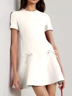 Evening Dress A-Line Jewel Neck Short Short Sleeves Zipper Bows Stretch Crepe Formal Party Dresses Free Customization