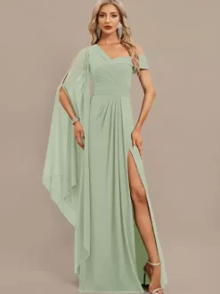 Evening Dress A-Line One-Shoulder Floor-Length Short Sleeves Zipper Pleated Chiffon Formal Dinner Dresses
