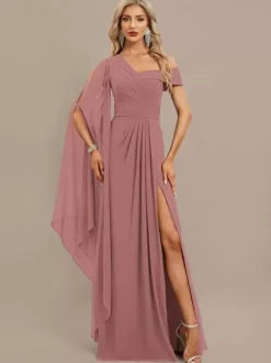 Evening Dress A-Line One-Shoulder Floor-Length Short Sleeves Zipper Pleated Chiffon Formal Dinner Dresses