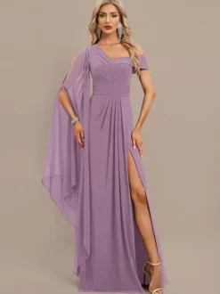 Evening Dress A-Line One-Shoulder Floor-Length Short Sleeves Zipper Pleated Chiffon Formal Dinner Dresses