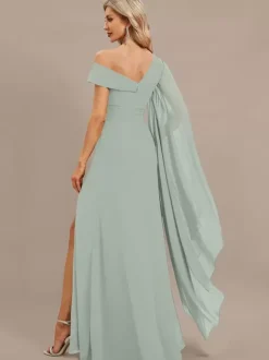 Evening Dress A-Line One-Shoulder Floor-Length Short Sleeves Zipper Pleated Chiffon Formal Dinner Dresses