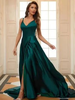 Evening Dress A-Line V-Neck Elastic Silk Like Satin Floor-Length Split Front Social Pageant Dresses