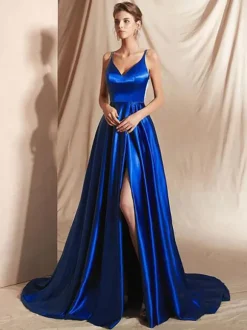 Evening Dress A-Line V-Neck Elastic Silk Like Satin Floor-Length Split Front Social Pageant Dresses