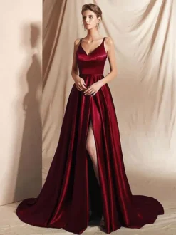 Evening Dress A-Line V-Neck Elastic Silk Like Satin Floor-Length Split Front Social Pageant Dresses