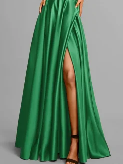 Evening Dress A-Line V-Neck Elastic Silk Like Satin Floor-Length Split Front Social Pageant Dresses