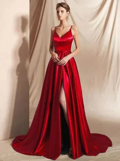 Evening Dress A-Line V-Neck Elastic Silk Like Satin Floor-Length Split Front Social Pageant Dresses