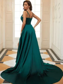 Evening Dress A-Line V-Neck Elastic Silk Like Satin Floor-Length Split Front Social Pageant Dresses