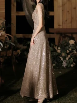 Evening Dress A-Line V-Neck Floor-Length Sleeveless Zipper Fringe Sequined Formal Party Dresses