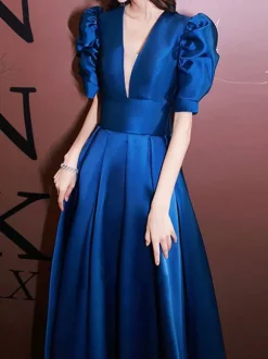Evening Dress A-Line V-Neck Floor-Length Short Sleeves Zipper Satin Fabric Formal Party Dresses