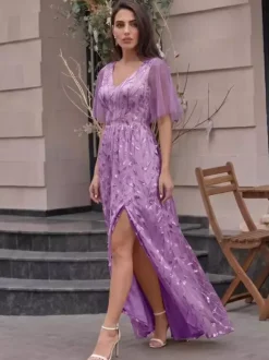 Evening Dress A-Line V-Neck Sequined Floor-Length Sequins Formal Party Dresses