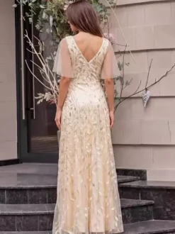Evening Dress A-Line V-Neck Sequined Floor-Length Sequins Formal Party Dresses