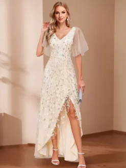 Evening Dress A-Line V-Neck Sequined Floor-Length Sequins Formal Party Dresses