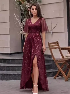 Evening Dress A-Line V-Neck Sequined Floor-Length Sequins Formal Party Dresses