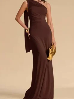 Evening Dress Ball Gown Designed Neckline Chiffon With Train Pleated Social Pageant Dresses