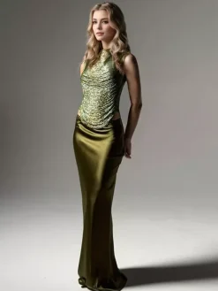 Evening Dress Ball Gown Designed Neckline Polyester Floor-Length Fringe Formal Party Dresses