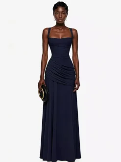 Evening Dress Ball Gown Designed Neckline Polyester Floor-Length Pleated Formal Dinner Dresses