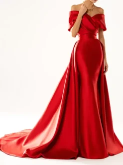 Evening Dress Ball Gown Designed Neckline With Train Half Sleeves Zipper Pleated Satin Fabric Formal Party Dresses