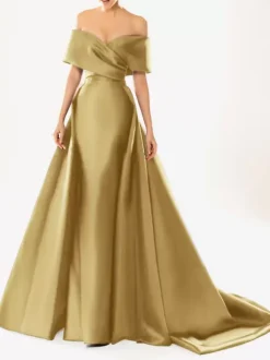 Evening Dress Ball Gown Designed Neckline With Train Half Sleeves Zipper Pleated Satin Fabric Formal Party Dresses