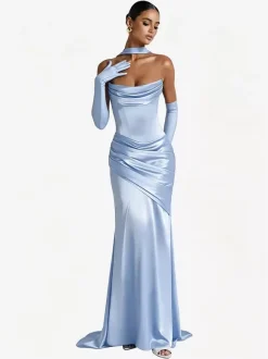 Evening Dress Ball Gown Designed Neckline Elastic Silk Like Satin With Train Pleated Formal Party Dresses