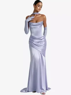 Evening Dress Ball Gown Designed Neckline Elastic Silk Like Satin With Train Pleated Formal Party Dresses