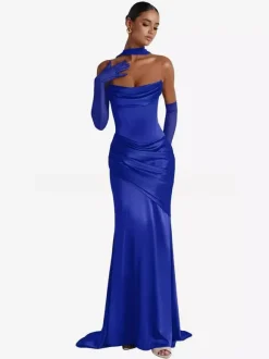 Evening Dress Ball Gown Designed Neckline Elastic Silk Like Satin With Train Pleated Formal Party Dresses