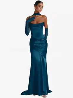 Evening Dress Ball Gown Designed Neckline Elastic Silk Like Satin With Train Pleated Formal Party Dresses
