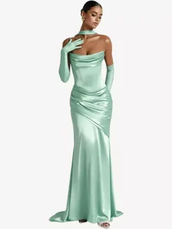 Evening Dress Ball Gown Designed Neckline Elastic Silk Like Satin With Train Pleated Formal Party Dresses