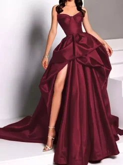 Evening Dress Ball Gown Strapless Satin Fabric With Train Pick Up Skirt Social Party Dresses