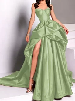 Evening Dress Ball Gown Strapless Satin Fabric With Train Pick Up Skirt Social Party Dresses