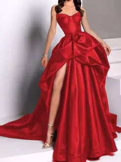 Evening Dress Ball Gown Strapless Satin Fabric With Train Pick Up Skirt Social Party Dresses