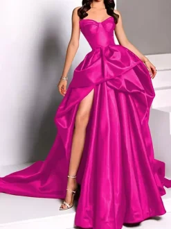 Evening Dress Ball Gown Strapless Satin Fabric With Train Pick Up Skirt Social Party Dresses