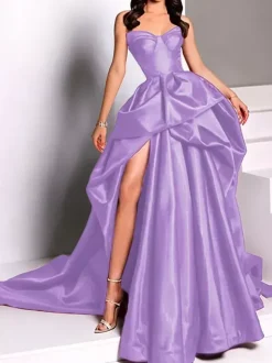 Evening Dress Ball Gown Strapless Satin Fabric With Train Pick Up Skirt Social Party Dresses