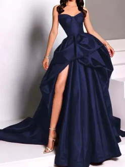 Evening Dress Ball Gown Strapless Satin Fabric With Train Pick Up Skirt Social Party Dresses