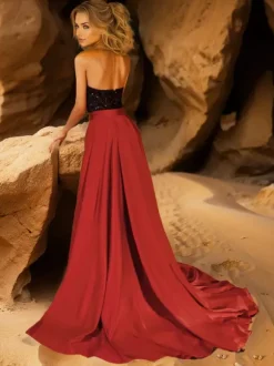 Evening Dress Ball Gown Strapless With Train Sleeveless Zipper Sequins Satin Fabric Formal Dinner Dresses