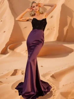 Evening Dress Ball Gown Strapless With Train Sleeveless Zipper Sequins Satin Fabric Formal Dinner Dresses