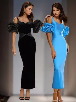 Evening Dress Ball Gown Sweetheart Neck Tea-Length Short Sleeves Zipper Satin Fabric Formal Party Dresses