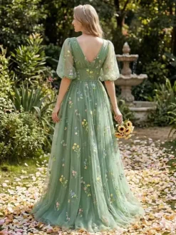 Evening Dress Ball Gown V-Neck Floor-Length Lace Formal Party Dresses