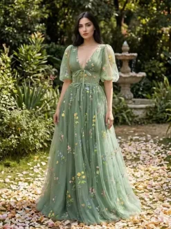 Evening Dress Ball Gown V-Neck Floor-Length Lace Formal Party Dresses