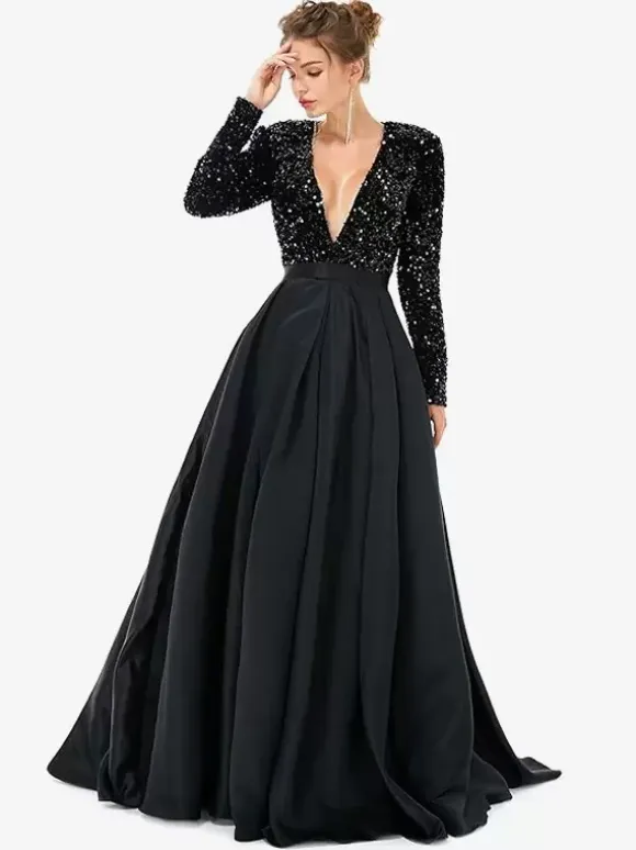 Evening Dress Ball Gown V-Neck With Train Long Sleeves Zipper Split Front Satin Fabric Formal Party Dresses