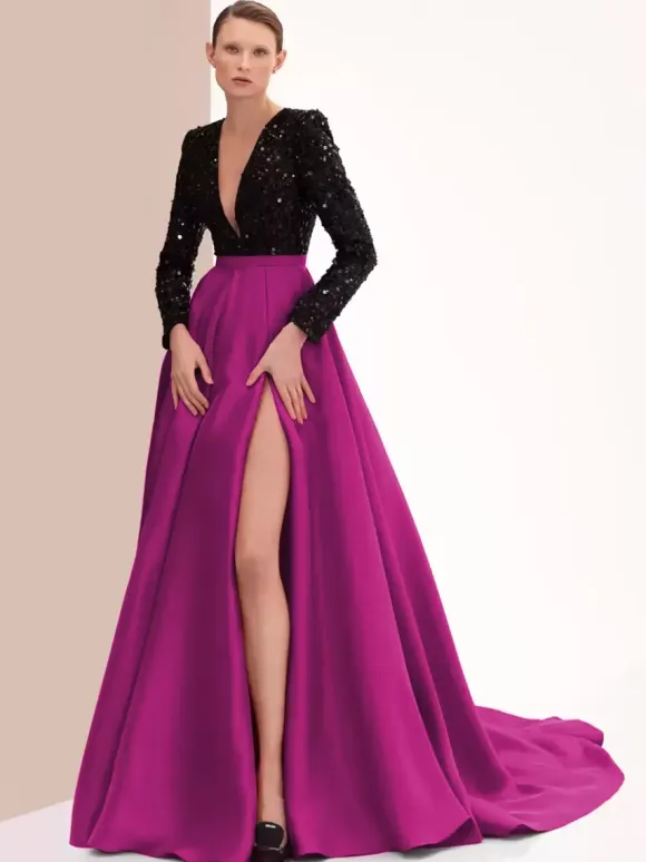 Evening Dress Ball Gown V-Neck With Train Long Sleeves Zipper Split Front Satin Fabric Formal Party Dresses