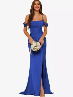 Evening Dress Bridesmaid Dresses Short Sleeves Zipper Split Front Party Dresses
