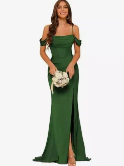 Evening Dress Bridesmaid Dresses Short Sleeves Zipper Split Front Party Dresses