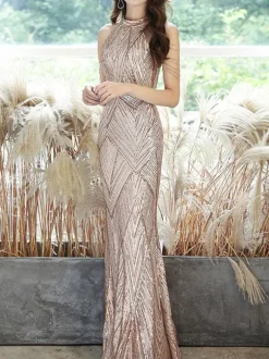 Evening Dress 2026 Champagne Mermaid Floor-Length Jewel Neck Sleeveless Zipper Chains Sequined Long Formal Dresses Wedding Guest Dresses