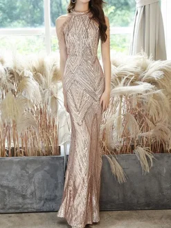 Evening Dress 2026 Champagne Mermaid Floor-Length Jewel Neck Sleeveless Zipper Chains Sequined Long Formal Dresses Wedding Guest Dresses