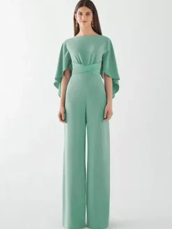 Evening Dress Jumpsuit Jewel Neck Stretch Crepe Floor-Length Sash Formal Dinner Dresses