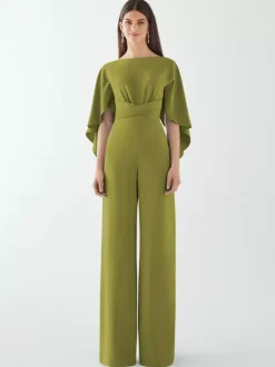 Evening Dress Jumpsuit Jewel Neck Stretch Crepe Floor-Length Sash Formal Dinner Dresses