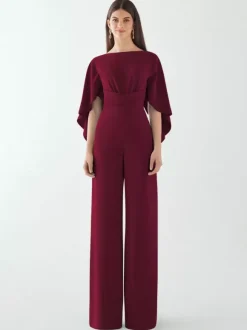 Evening Dress Jumpsuit Jewel Neck Stretch Crepe Floor-Length Sash Formal Dinner Dresses