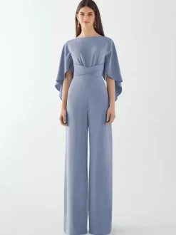 Evening Dress Jumpsuit Jewel Neck Stretch Crepe Floor-Length Sash Formal Dinner Dresses
