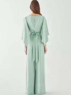 Evening Dress Jumpsuit Jewel Neck Stretch Crepe Floor-Length Sash Formal Dinner Dresses
