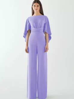 Evening Dress Jumpsuit Jewel Neck Stretch Crepe Floor-Length Sash Formal Dinner Dresses